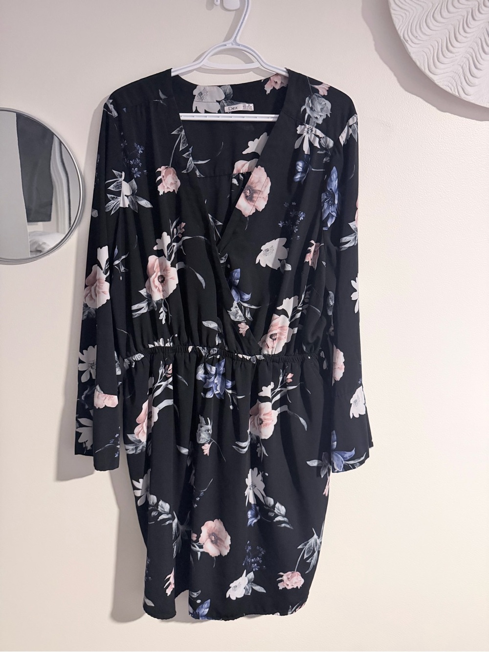Dex Black Long-Sleeve Floral Wrap Dress with Pink & Blue Blooms